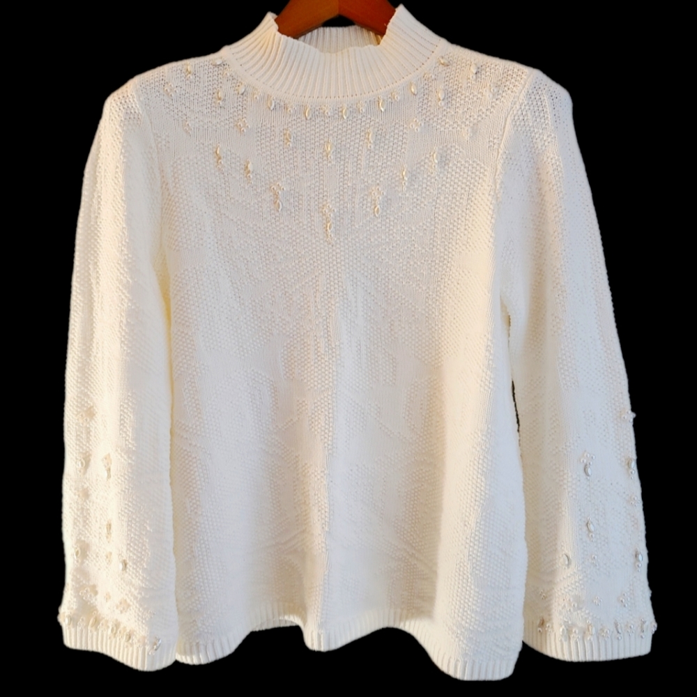 Chico's White Mock Neck Sweater with Pearls and Rhinestones Size Medium
